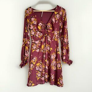 Free People Women’s 4 Floral Coquette Mini Dress Burgundy Ruched Boho Romantic